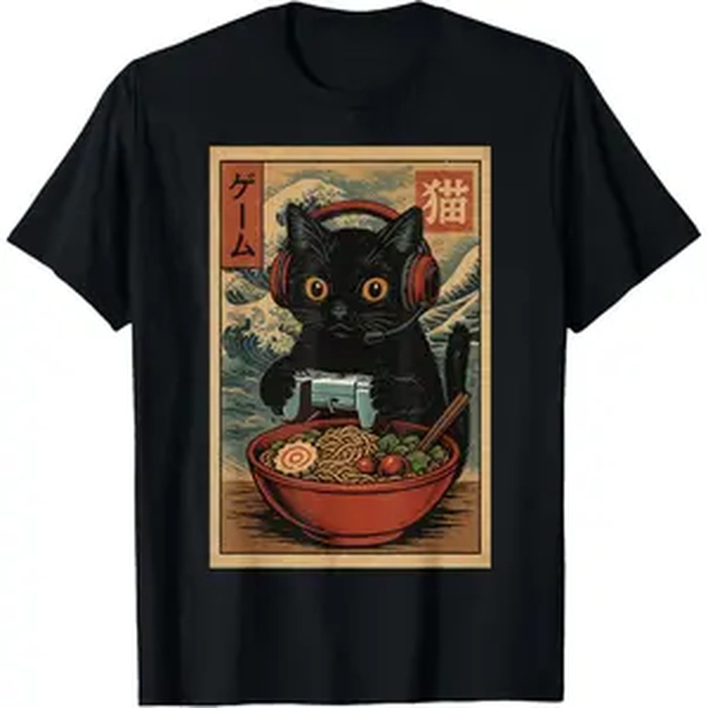 Retro Gaming T Shirts - Cute Kawaii Gamer Cat Funny Ramen