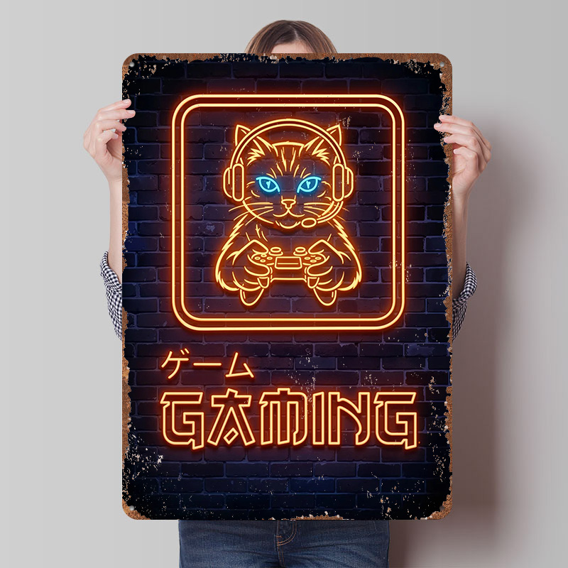 Neon Gaming Cat Printed Poster - Retro Gaming At avaliação e preço