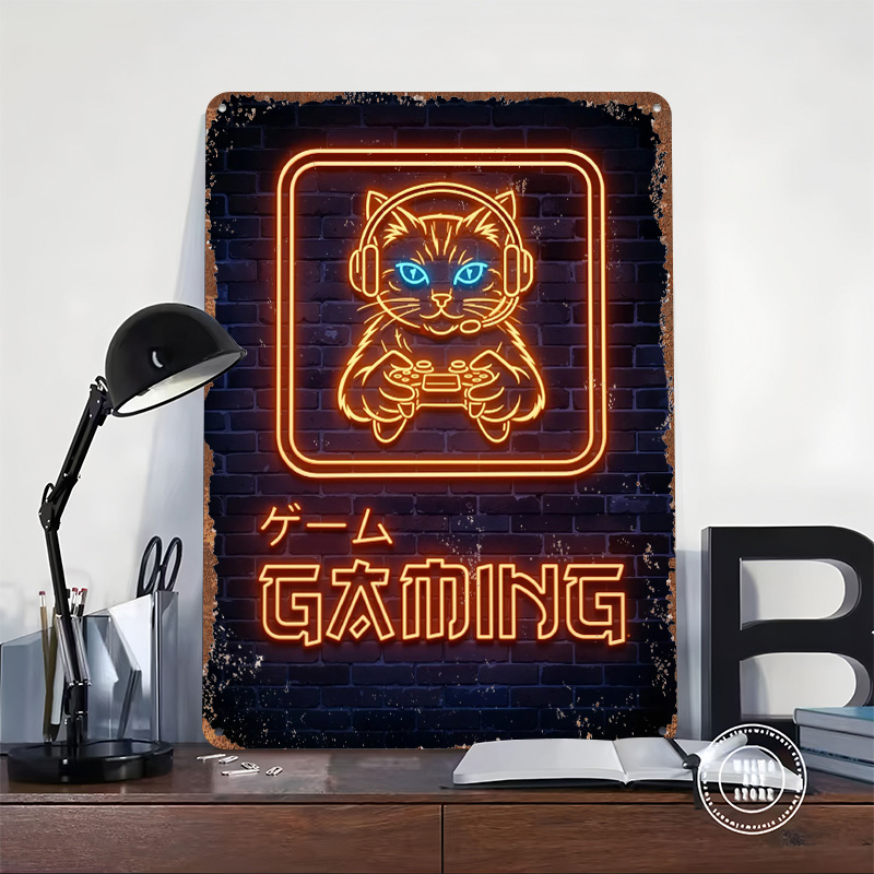 Neon Gaming Cat Printed Poster - Retro Gaming At avaliação e preço